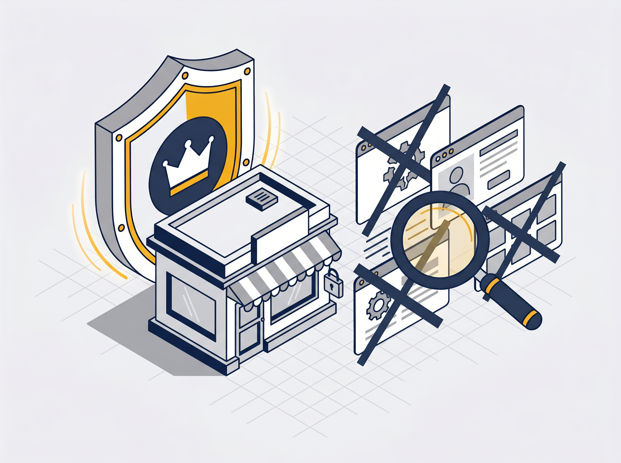 Illustration: shield protecting a brand from impersonators and trademark abuse