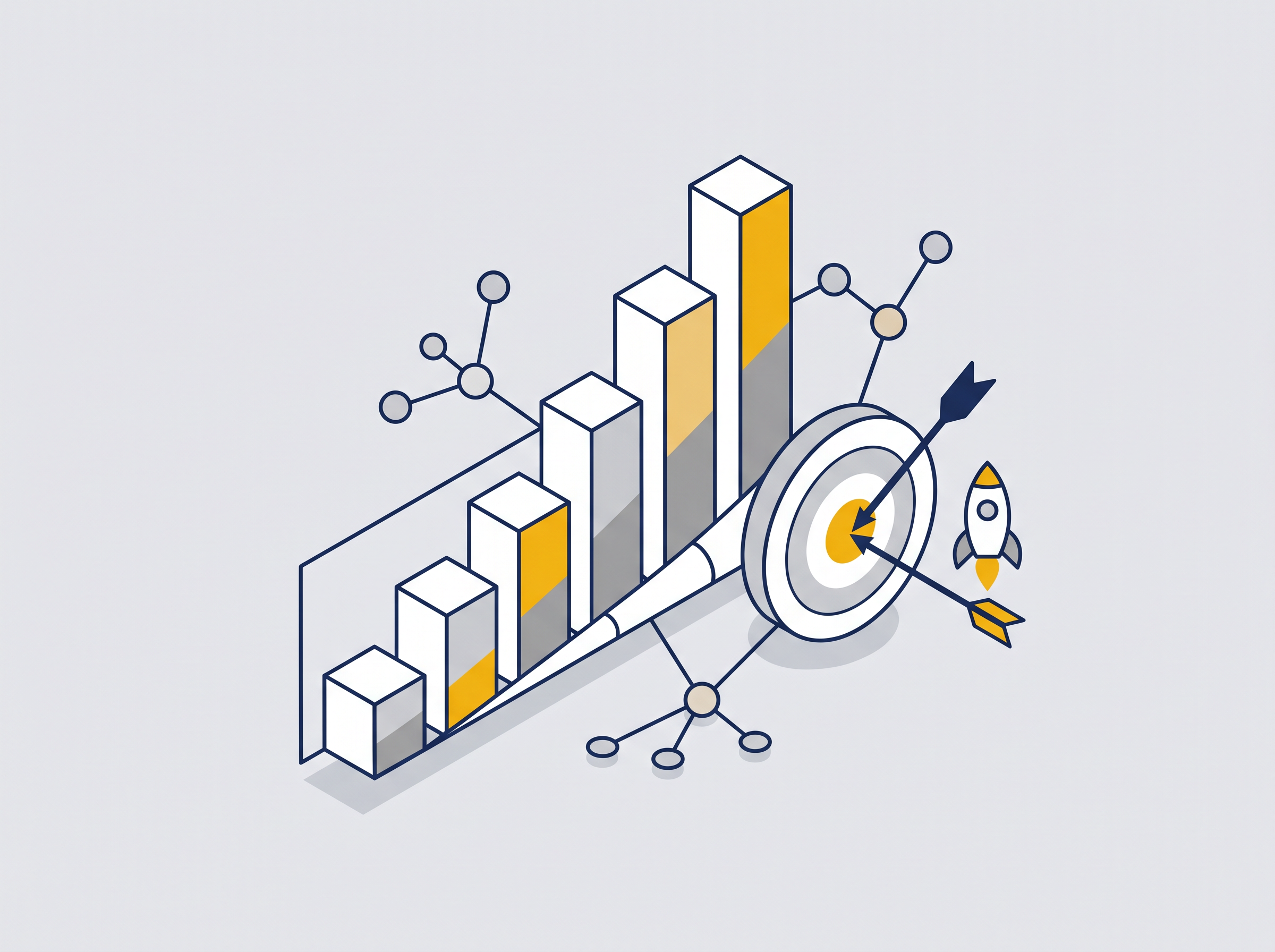 Illustration: rising bar chart, target and partner network representing marketing intelligence